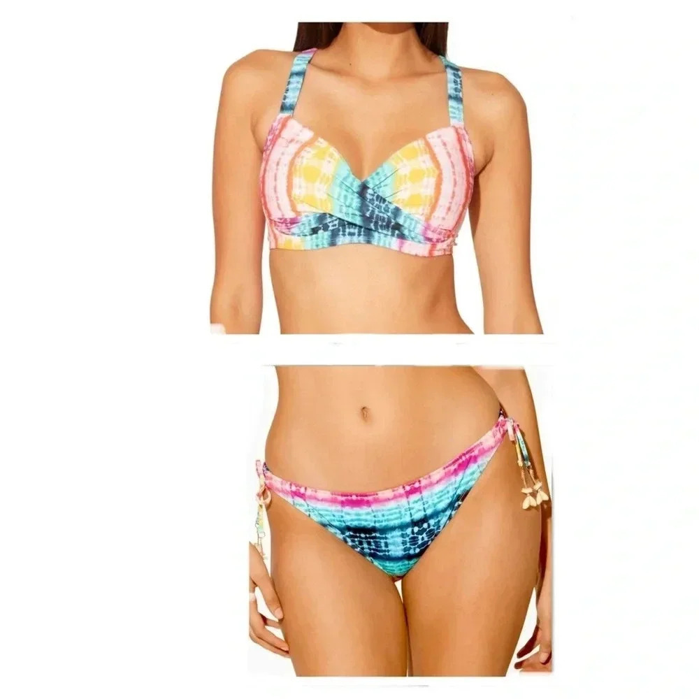 Bleu Rod Beattie Rainbow Tye Dye D-Cup Swim Top 38D Bottom Size 14